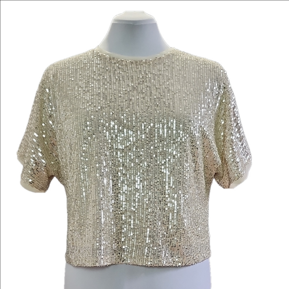 LUCY PARIS Metallic sequins round neck short sleeves loose fit crop top